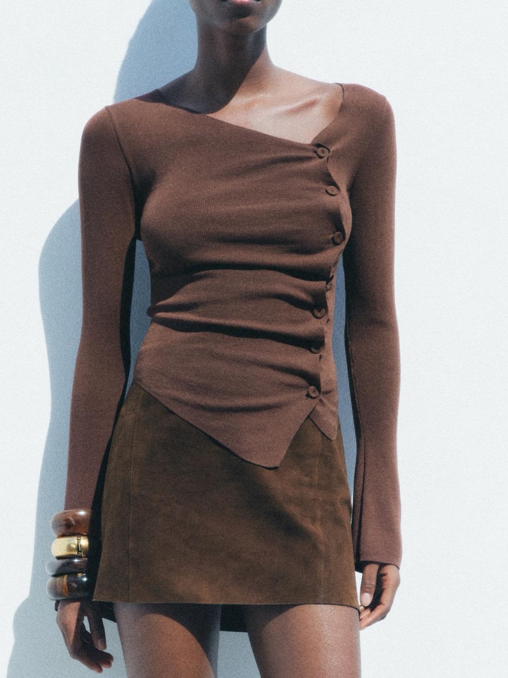 NWT Zara Dark Brown Asymmetrical Ruched Knit Top Small
